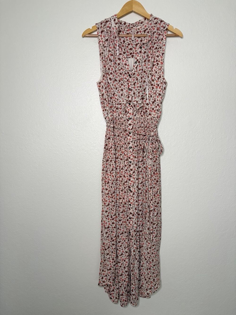 Free People Floral Ruffle Belted Midi Dress Size Medium Boho Cottagecore